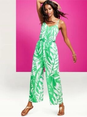 Lilly Pulitzer Green Palm-Print Wide-Leg Strap Jumpsuit